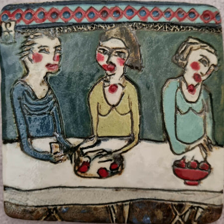 Ceramic Tile Artwork, Catching up on the Gossip at the Social Function, framed, 30.5 x 30.5 x 3cm