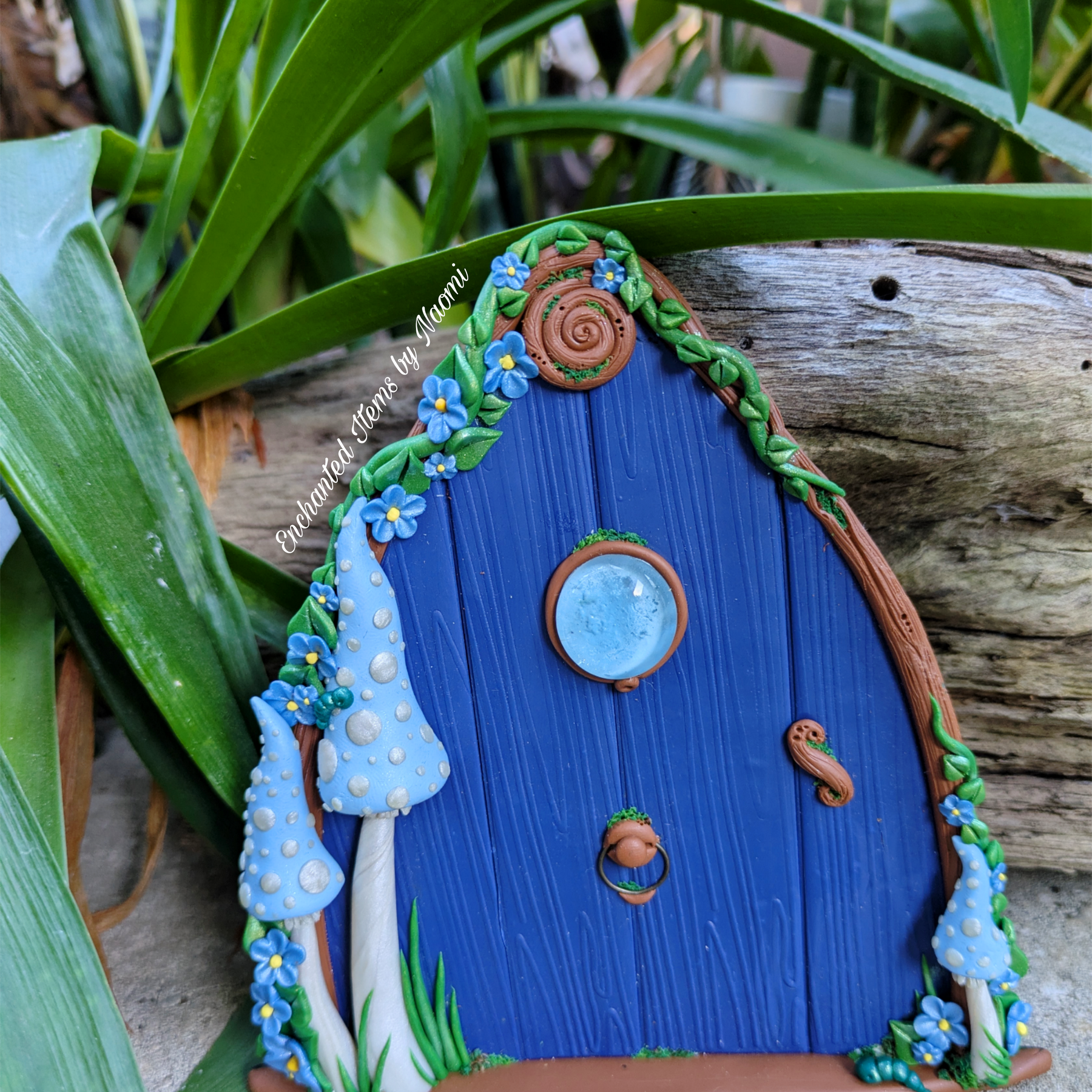 Hand Sculpted Blue Faerie Door – Whimsical Polymer Clay Decoration