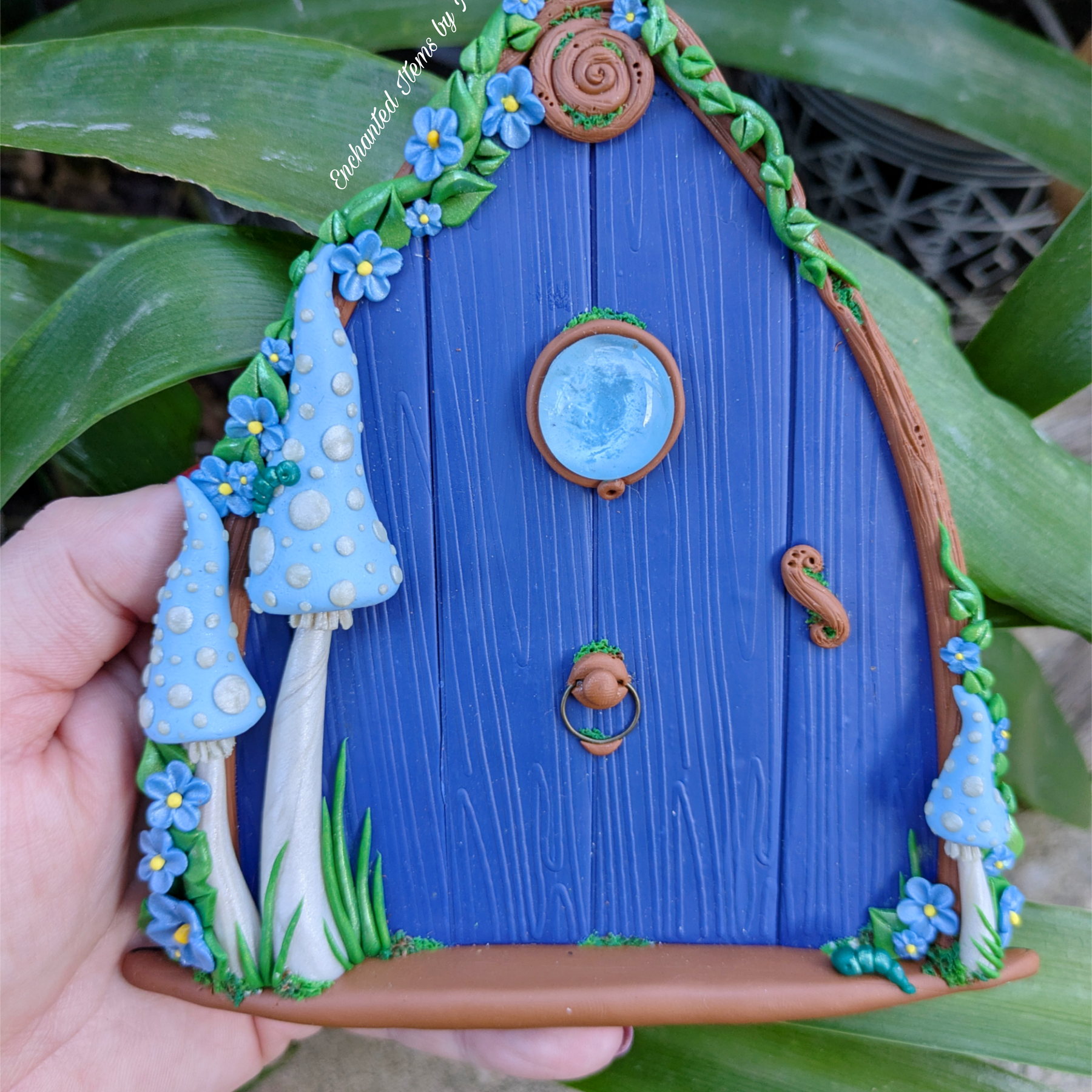Hand Sculpted Blue Faerie Door – Whimsical Polymer Clay Decoration