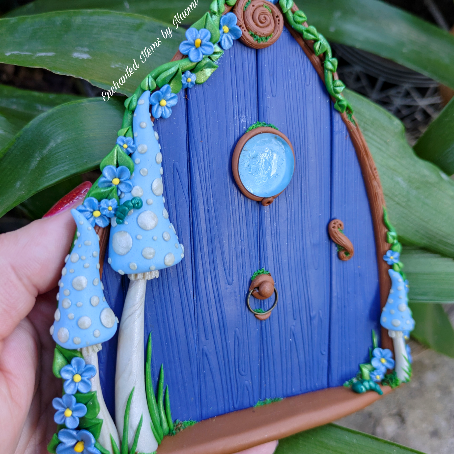 Hand Sculpted Blue Faerie Door – Whimsical Polymer Clay Decoration