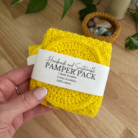 Sunshine Yellow Handmade Pamper Pack | Crochet Body & Face Scrubbie set