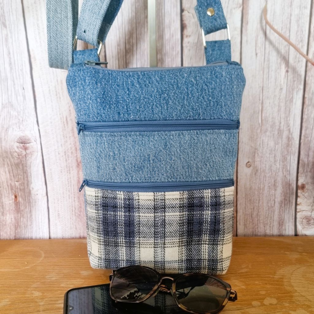 Upcycled triple zipped crossbody - denim and blue grey checked flannel