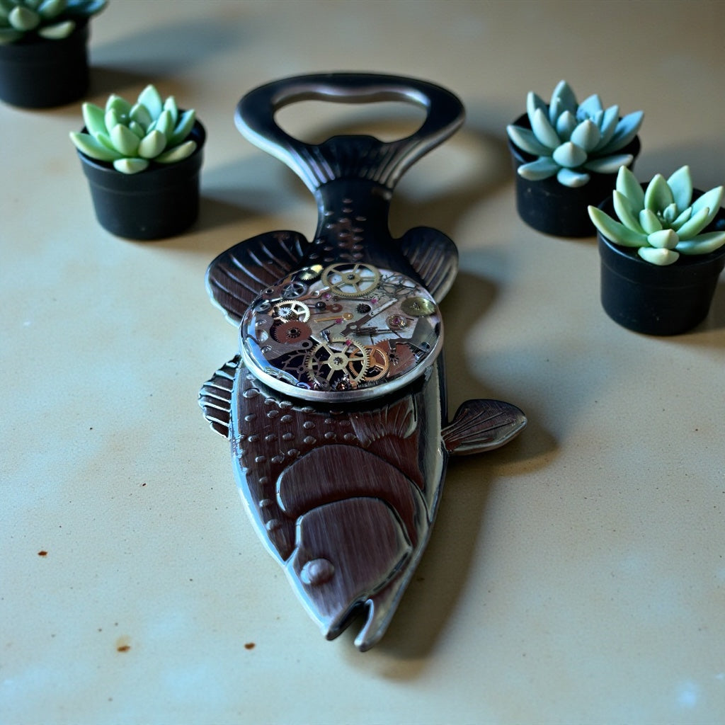 Steampunk watch parts fish bottle opener