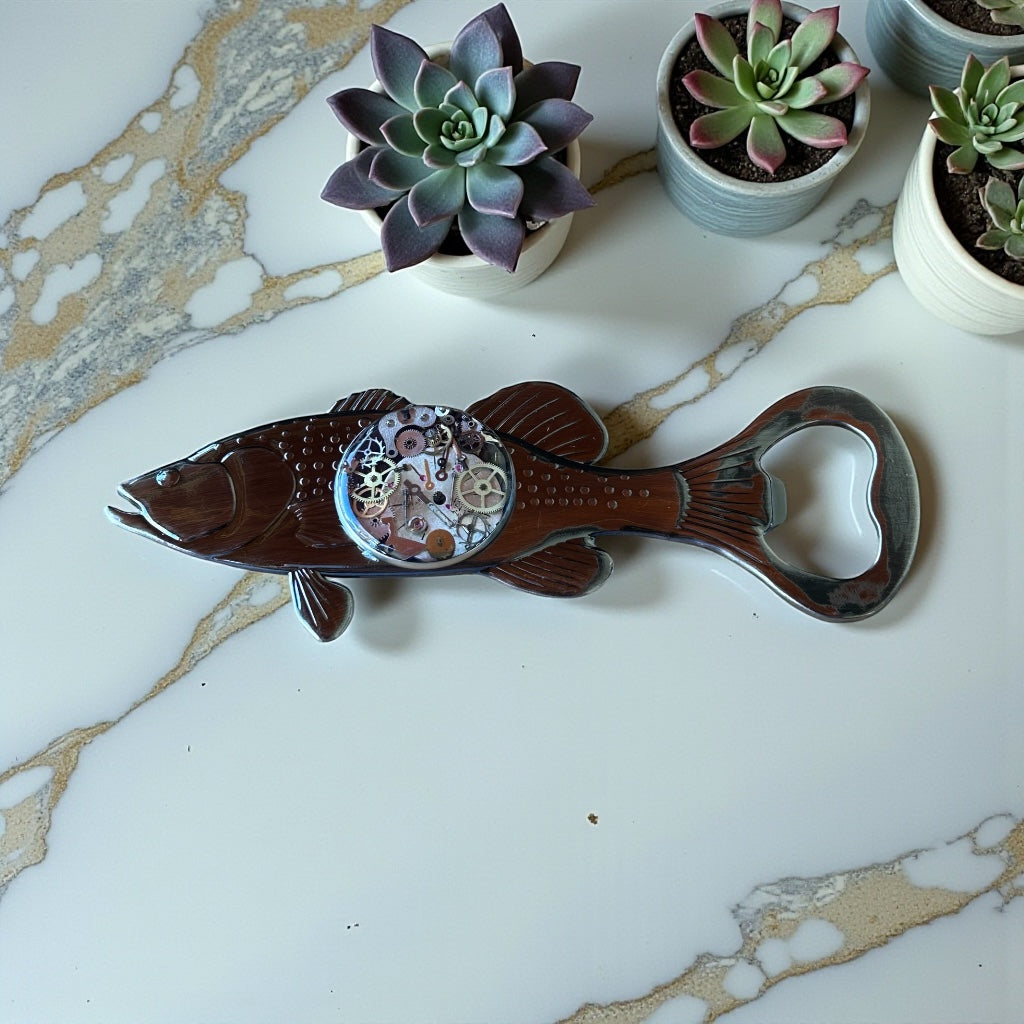 Steampunk watch parts fish bottle opener
