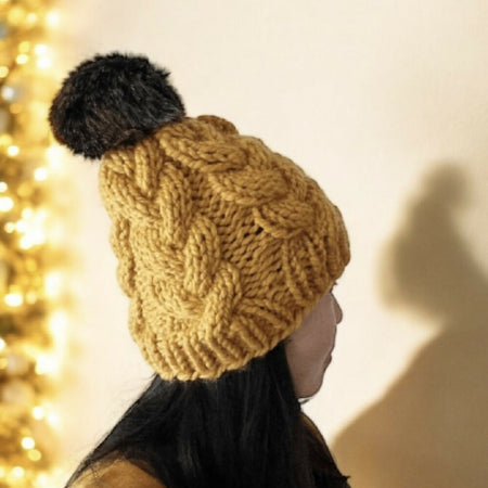 Chunky Cable hand Knit Chunky Beanie in Mustard yellow with brown fur pompom