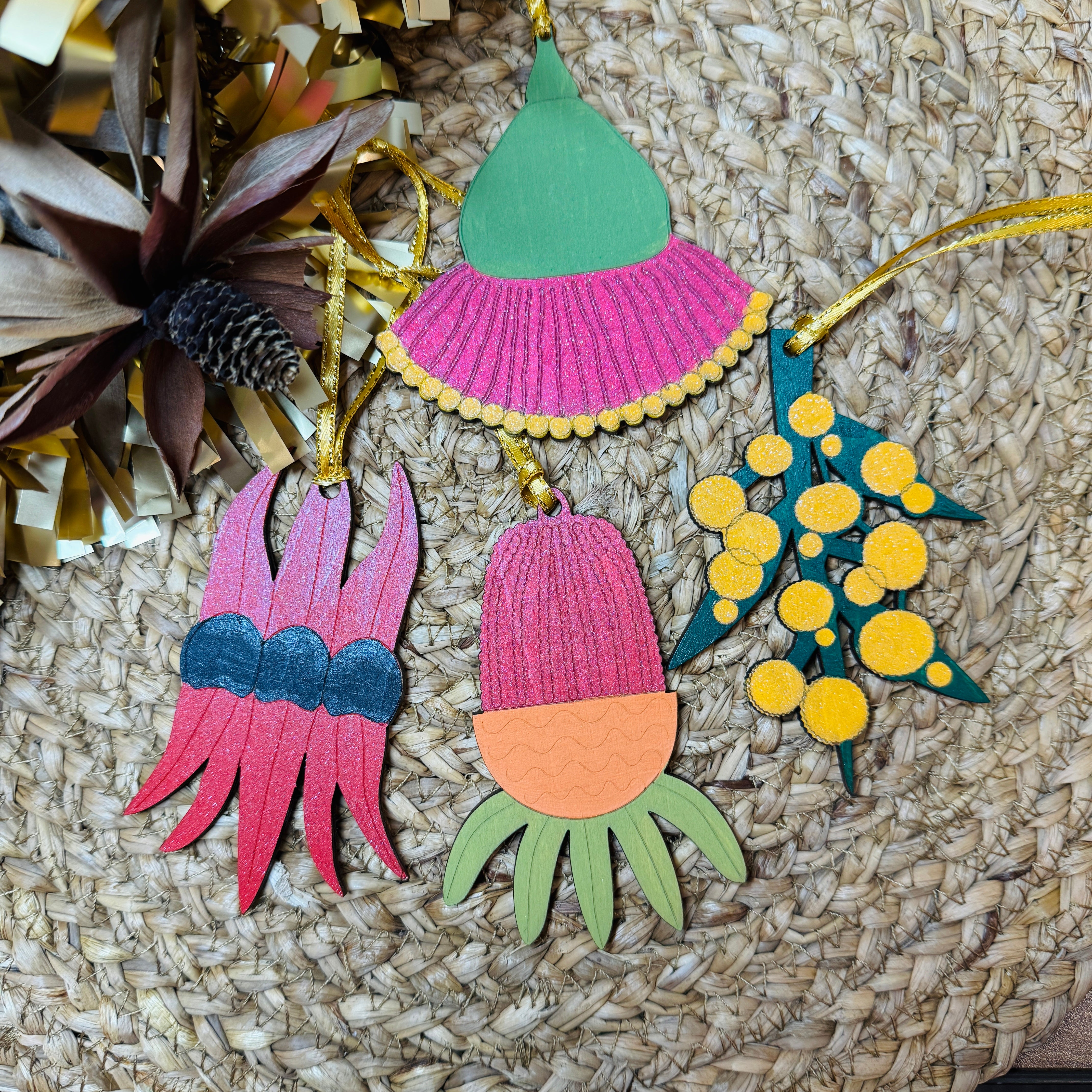 Set of 4 Australian Hand painted Flower Christmas Decorations