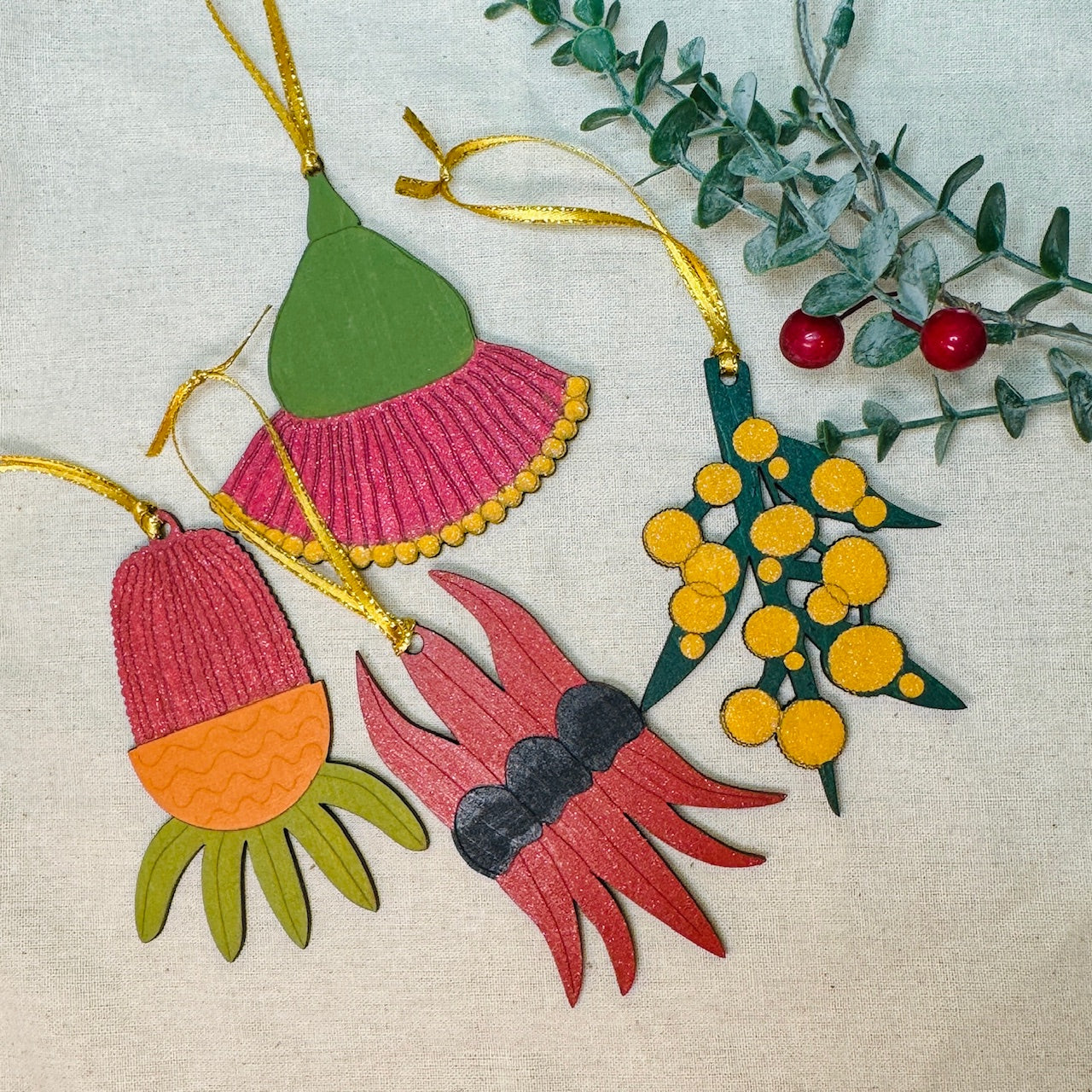 Set of 4 Australian Hand painted Flower Christmas Decorations