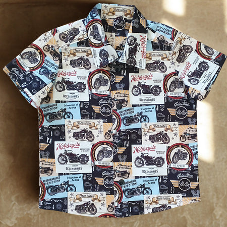 Biker Dreams Boys’ Shirt – Handmade Cotton Motorcycle Print | Adorable Creatures Australia