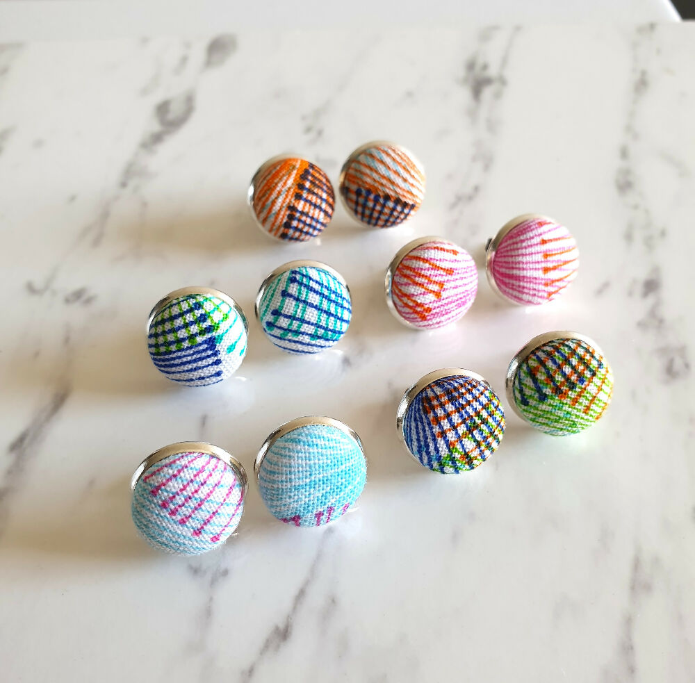 1.4cm Round Colourful Line cotton fabric Silver colour Cabochon stud earrings