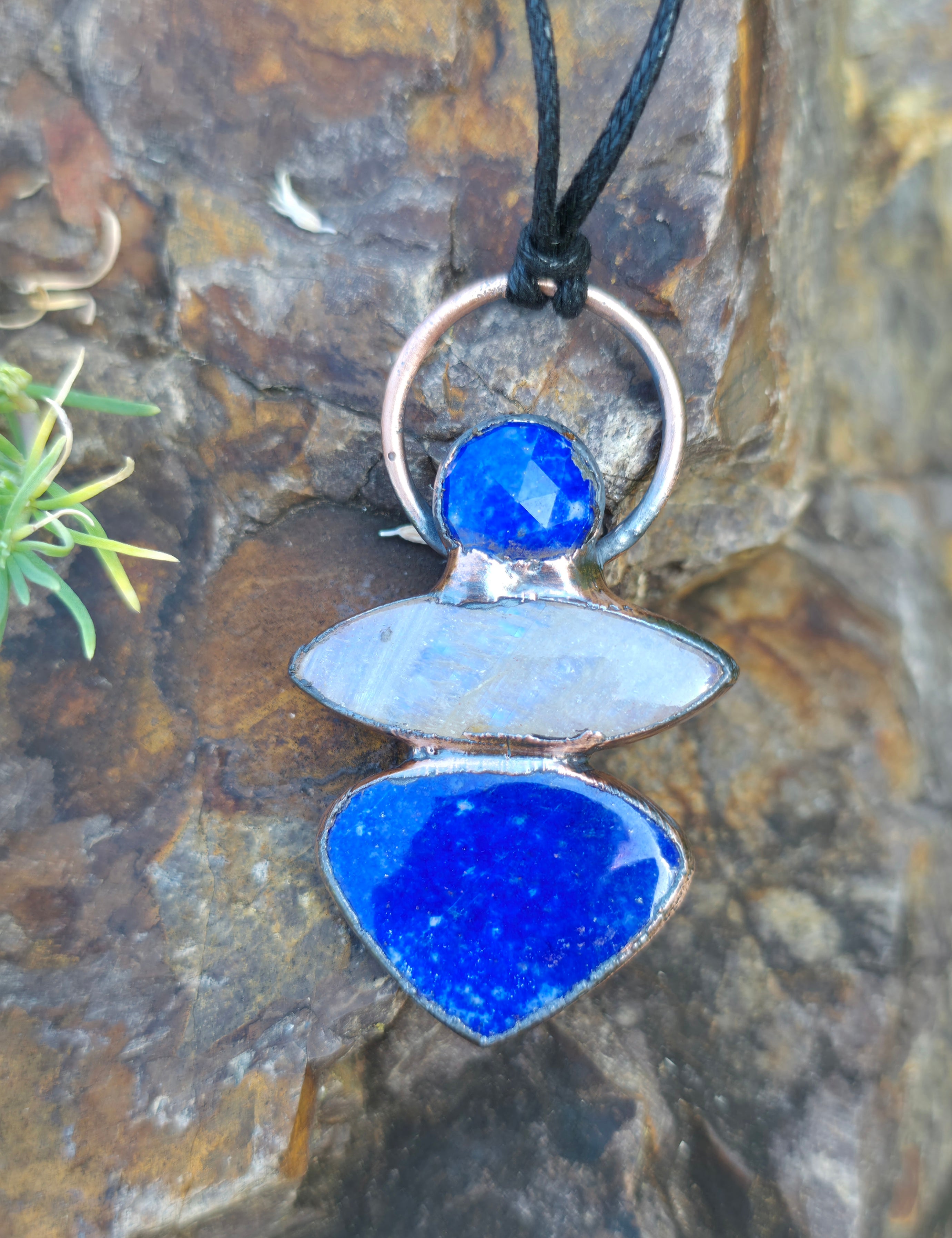 Lapis Lazuli & Belomorite Moonstone Copper Electroformed Pendant