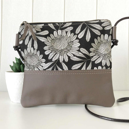 Cross Body Sling Bag in Leather and Blue Canvas with Waratah