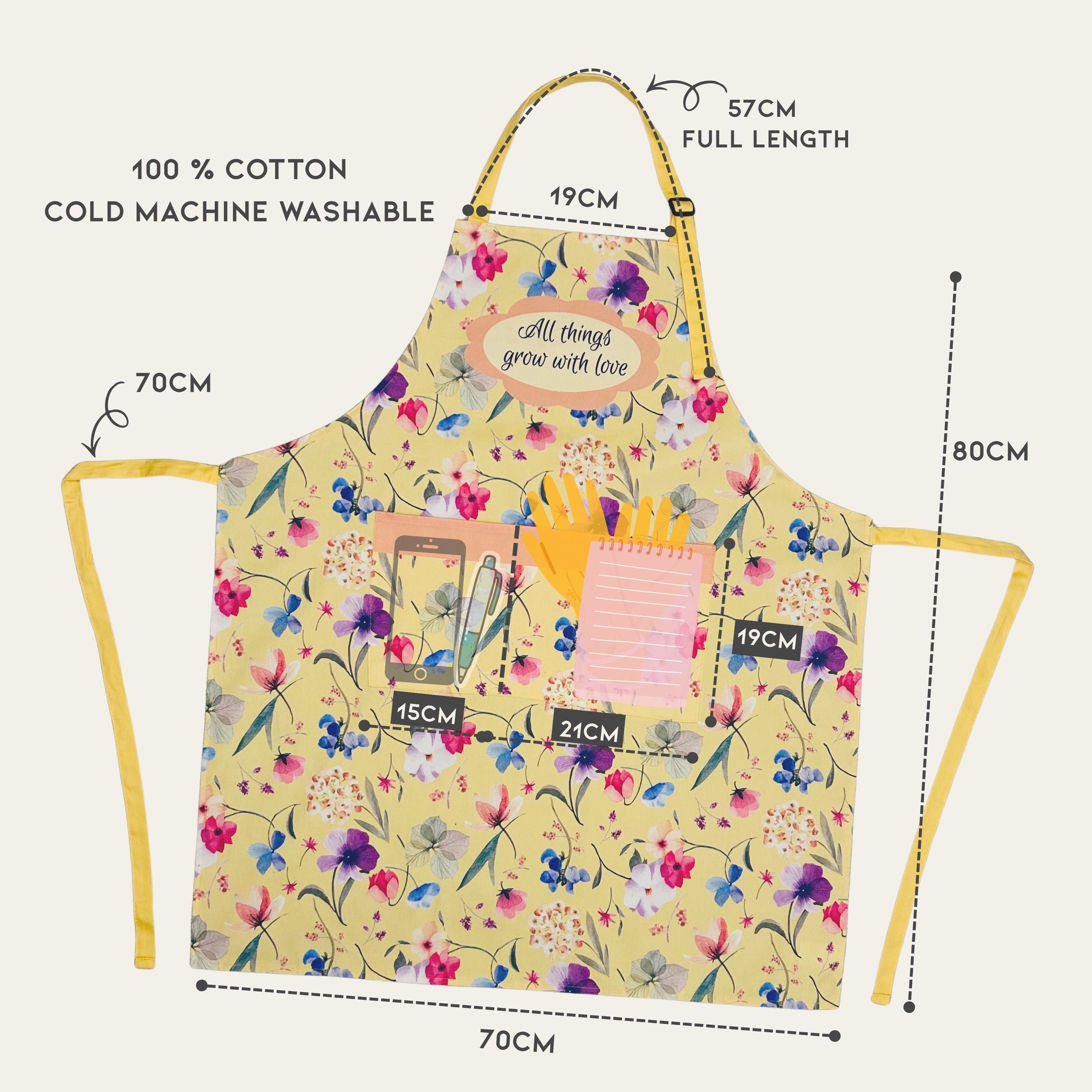 Pressed & Cherished Apron — “All Things Grow With Love” | Handmade Floral Cotton Apron | Gift for Mum, Wife, Teacher, Gardener or Artist | Free Shipping