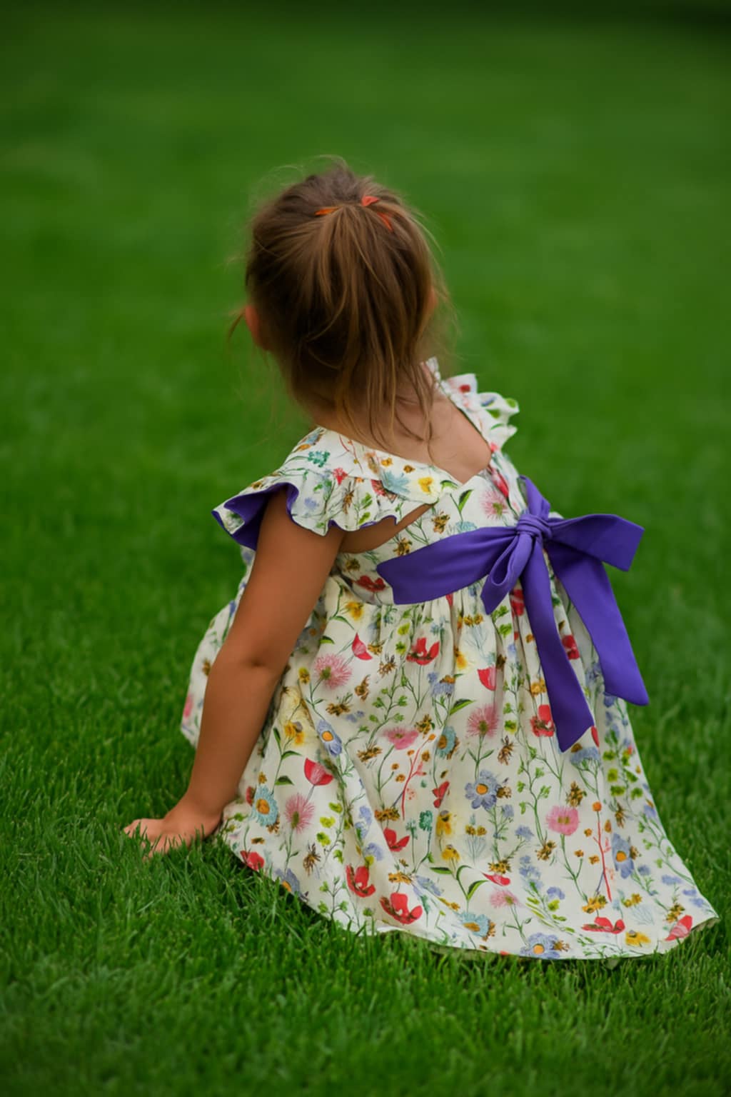 Handmade Wildflower Elegance Dress | 100% Cotton Girls Dress with Purple Bow