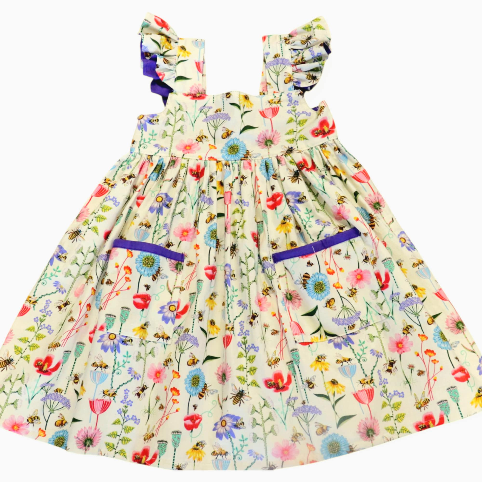 Handmade Wildflower Elegance Dress | 100% Cotton Girls Dress with Purple Bow