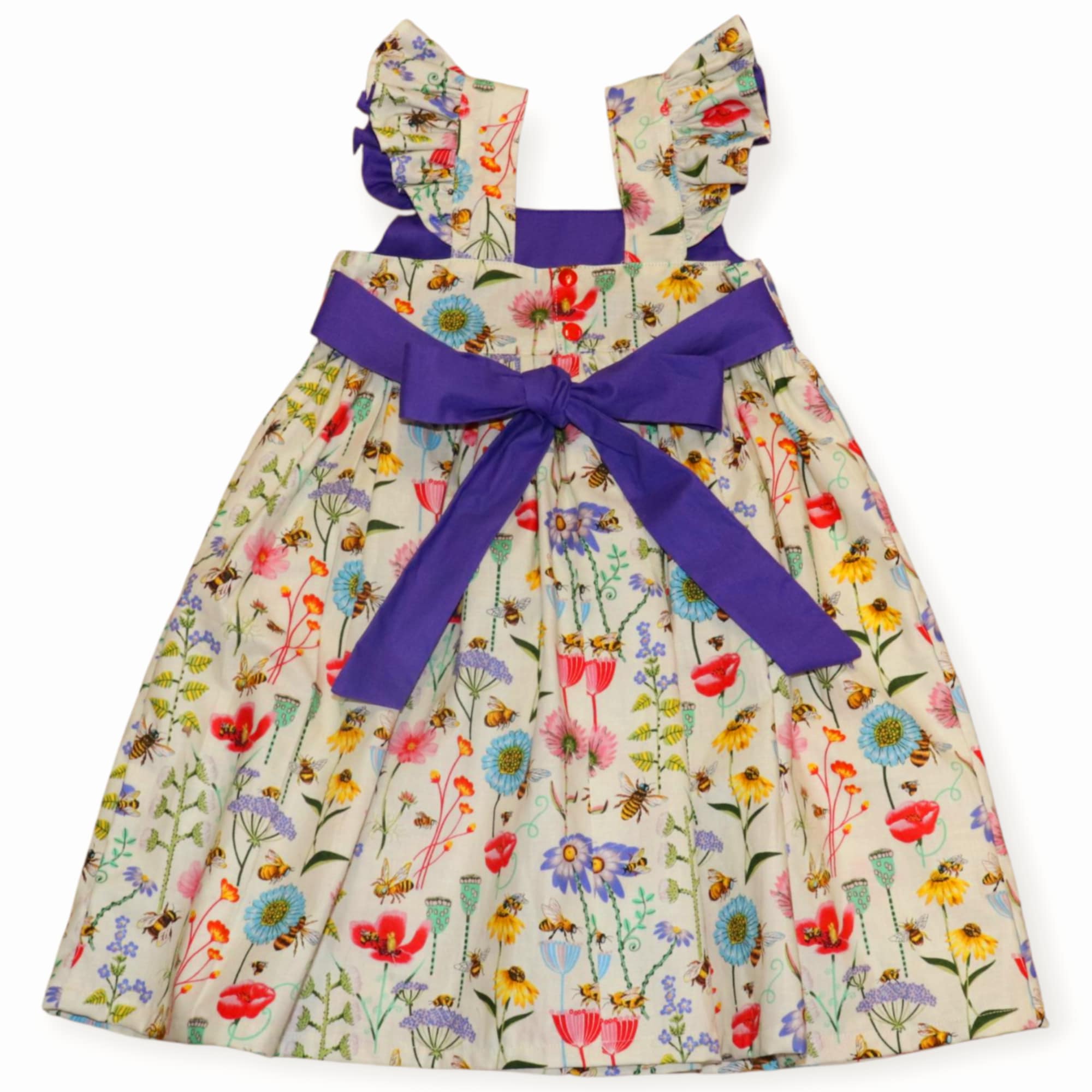 Handmade Wildflower Elegance Dress | 100% Cotton Girls Dress with Purple Bow