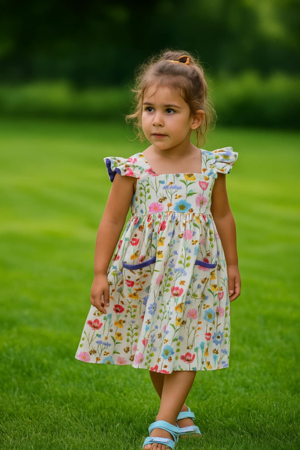 Handmade Wildflower Elegance Dress | 100% Cotton Girls Dress with Purple Bow