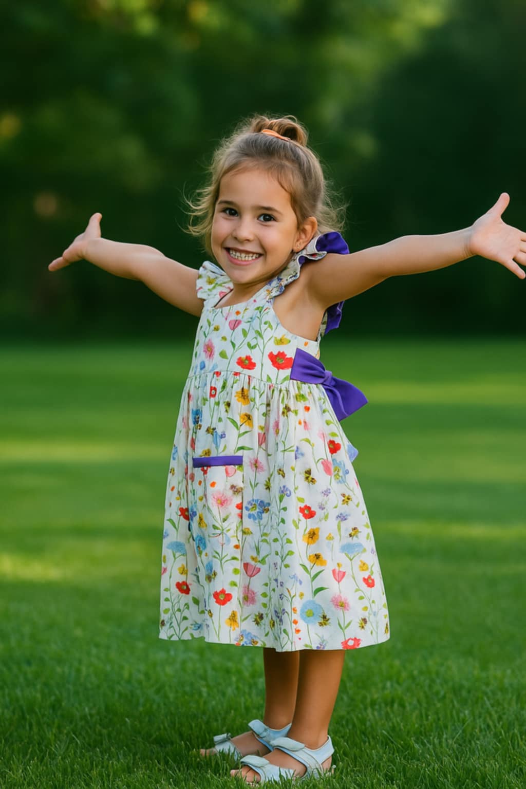 Handmade Wildflower Elegance Dress | 100% Cotton Girls Dress with Purple Bow
