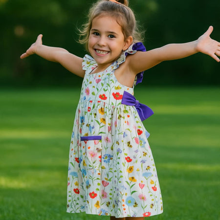 Handmade Wildflower Elegance Dress | 100% Cotton Girls Dress with Purple Bow