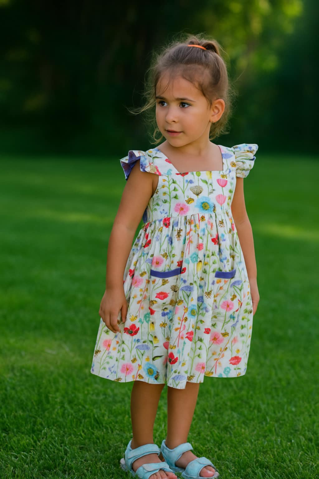 Handmade Wildflower Elegance Dress | 100% Cotton Girls Dress with Purple Bow