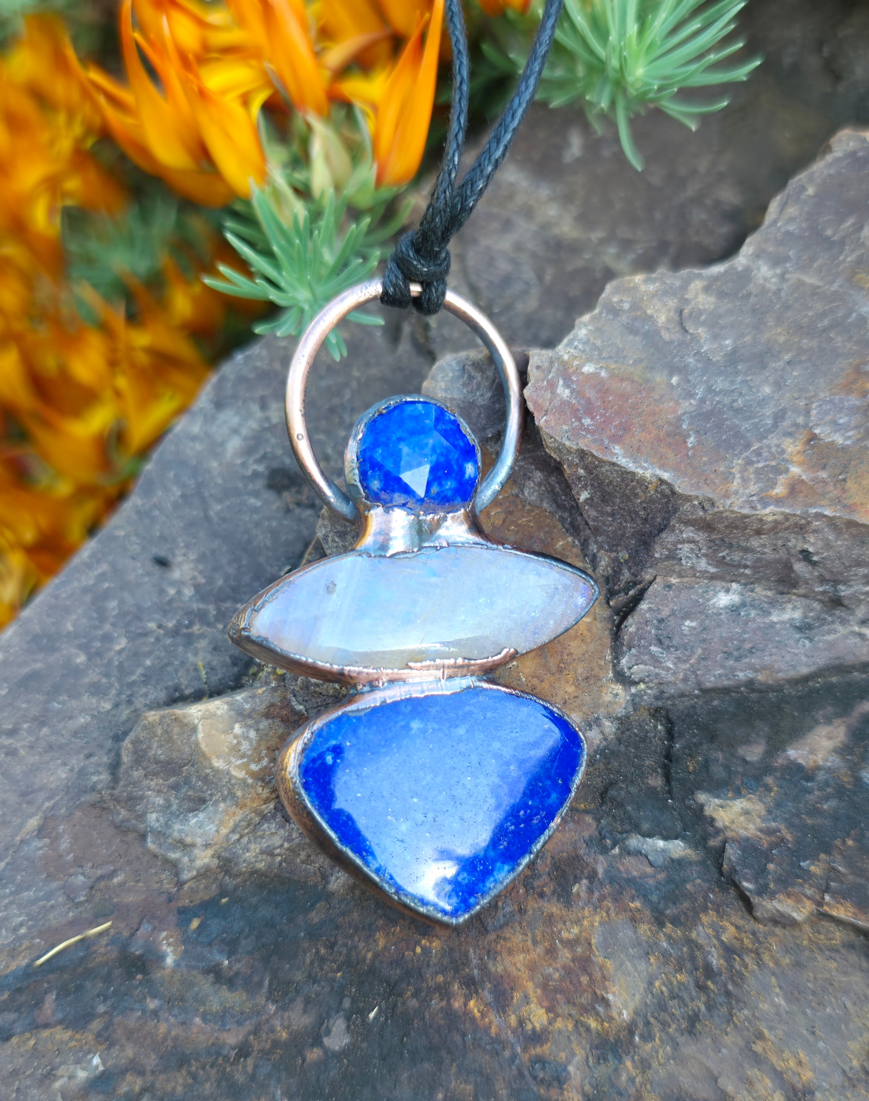 Lapis Lazuli & Belomorite Moonstone Copper Electroformed Pendant