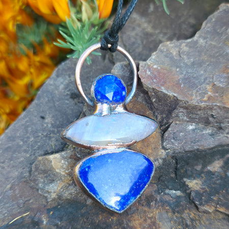 Lapis Lazuli & Belomorite Moonstone Copper Electroformed Pendant
