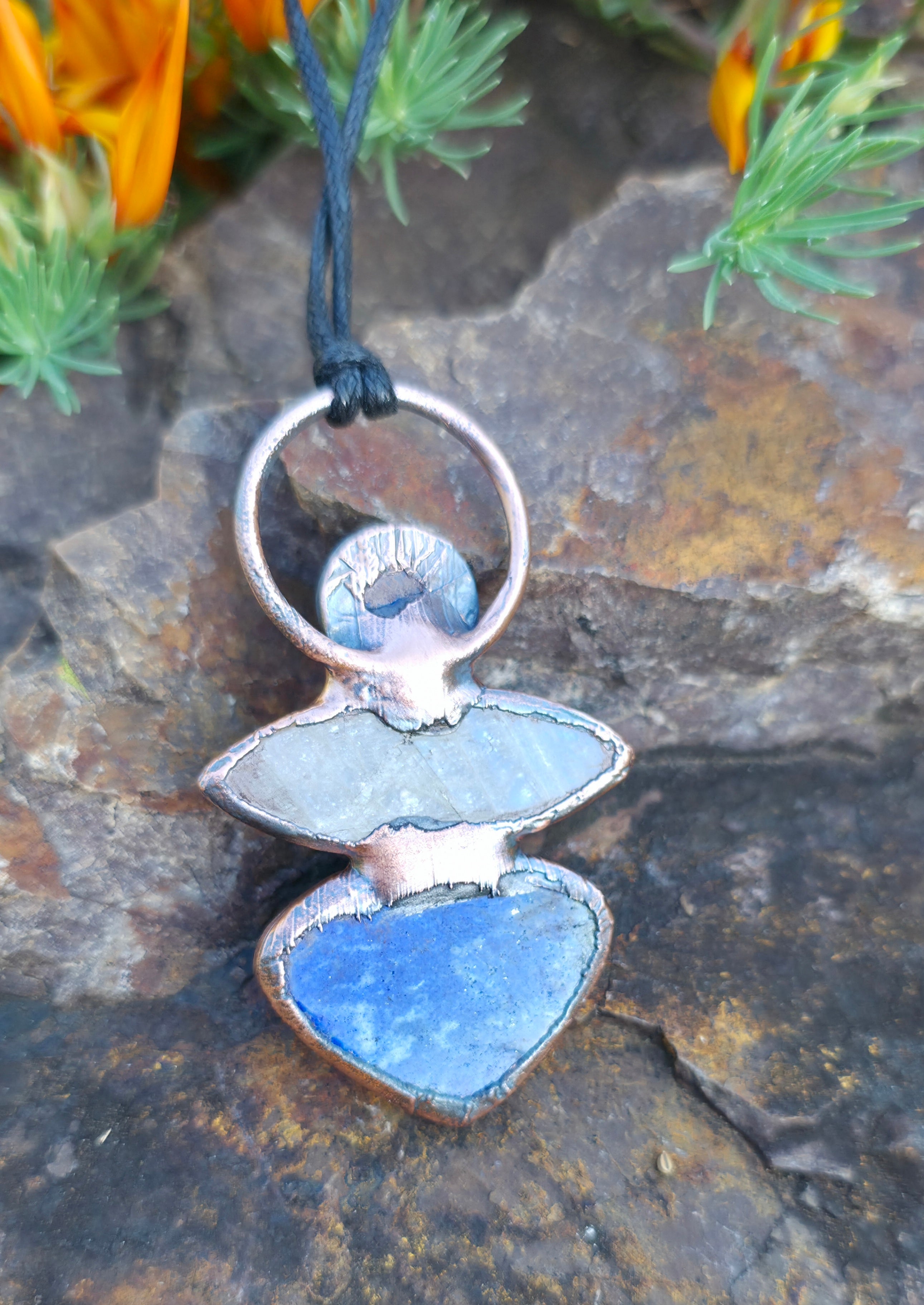 Lapis Lazuli & Belomorite Moonstone Copper Electroformed Pendant