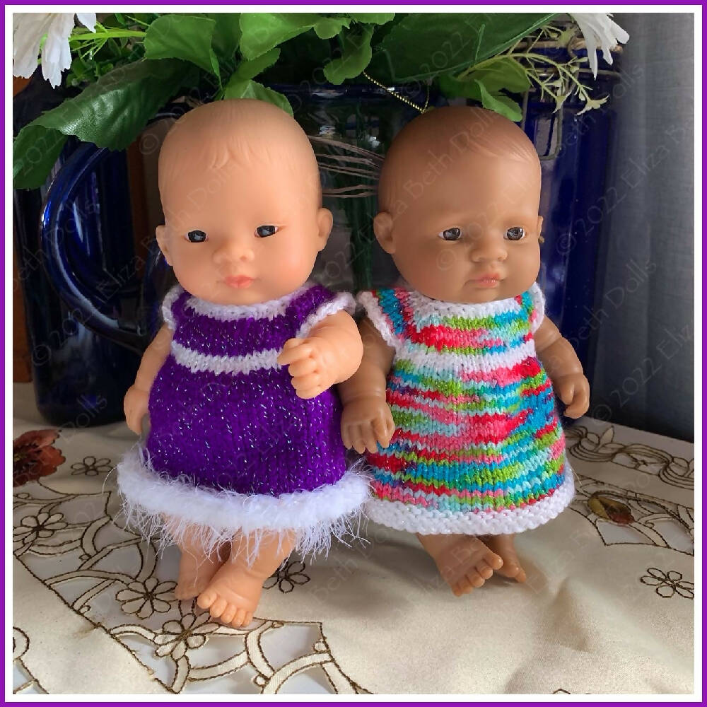 Miniland 21cm clothes, PDF digital pattern, Dress, Girl, Easy quick knit, Straight needles, Flat knit, Baby doll clothes, Cute outfit, Doll accessories, Minikane, 8inch, Clear instructions, Photos, 8ply DK yarn, Beginner friendly, Basic knitting, Simple pattern, 1, Eliza Beth Dolls, ElizaBethDolls, Australia
