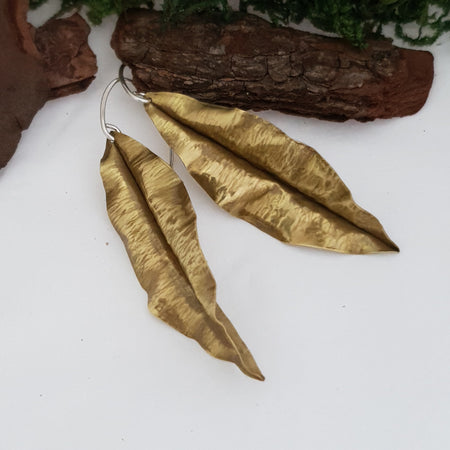 Golden brass leaf earrings