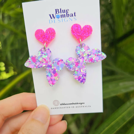 Butterfly Glitter Love Heart Resin Statement Dangle Earrings