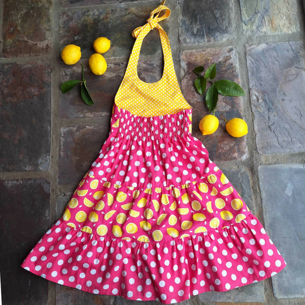 Girls Size 6, Lemon Print Halter Neck Summer Dress with Elastic Back