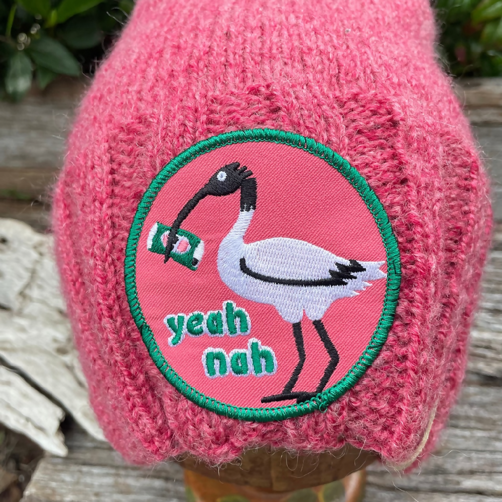 HATITUDE Pink Handknitted beanie with “Yea Nah” Patch