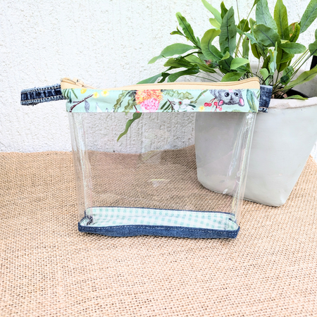 Pouch Clear Organiser Upcycled Denim base Green Possum
