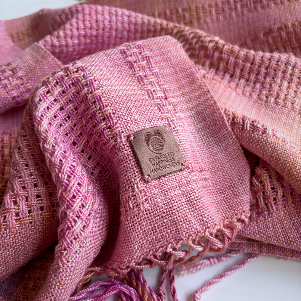 Light-pink-tencel-scarf-close-up-scrunched-label-handwoven-entangled-happiness-handwovens