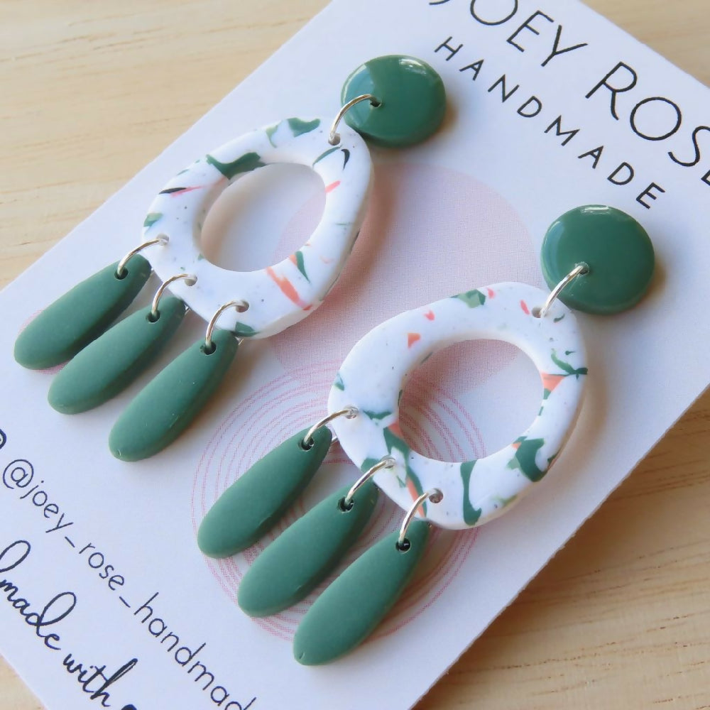 CHRISSY ~ Green & Peach Marbled Print ~ Polymer Clay Earrings