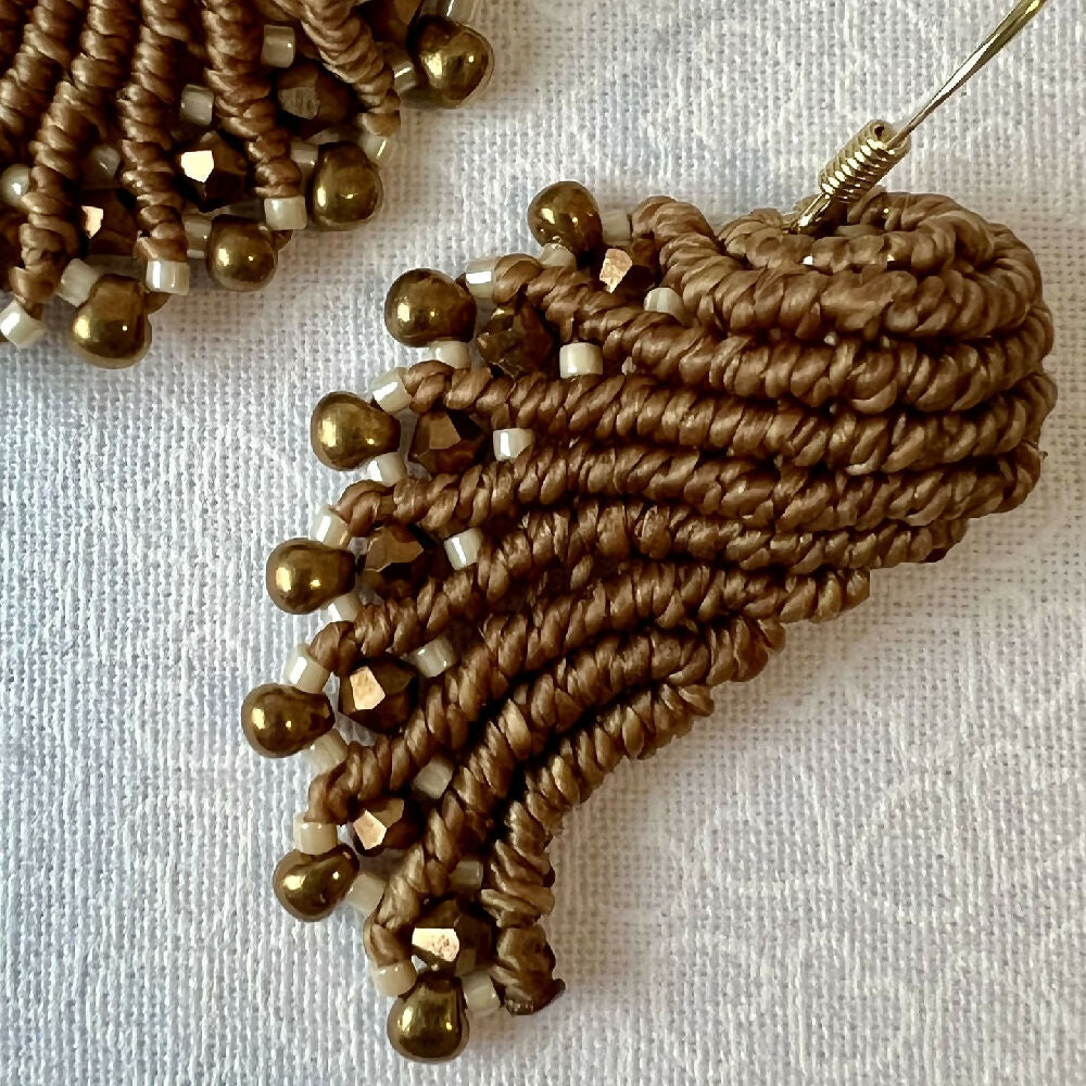 Brown Shell Micro Macrame Earrings +Free Microfibre Pouch