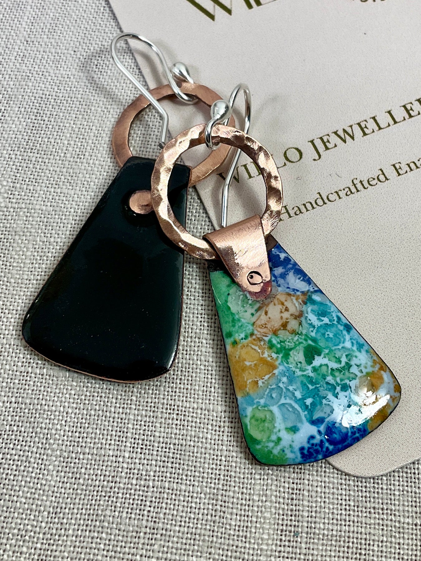 Enamel and copper earrings.