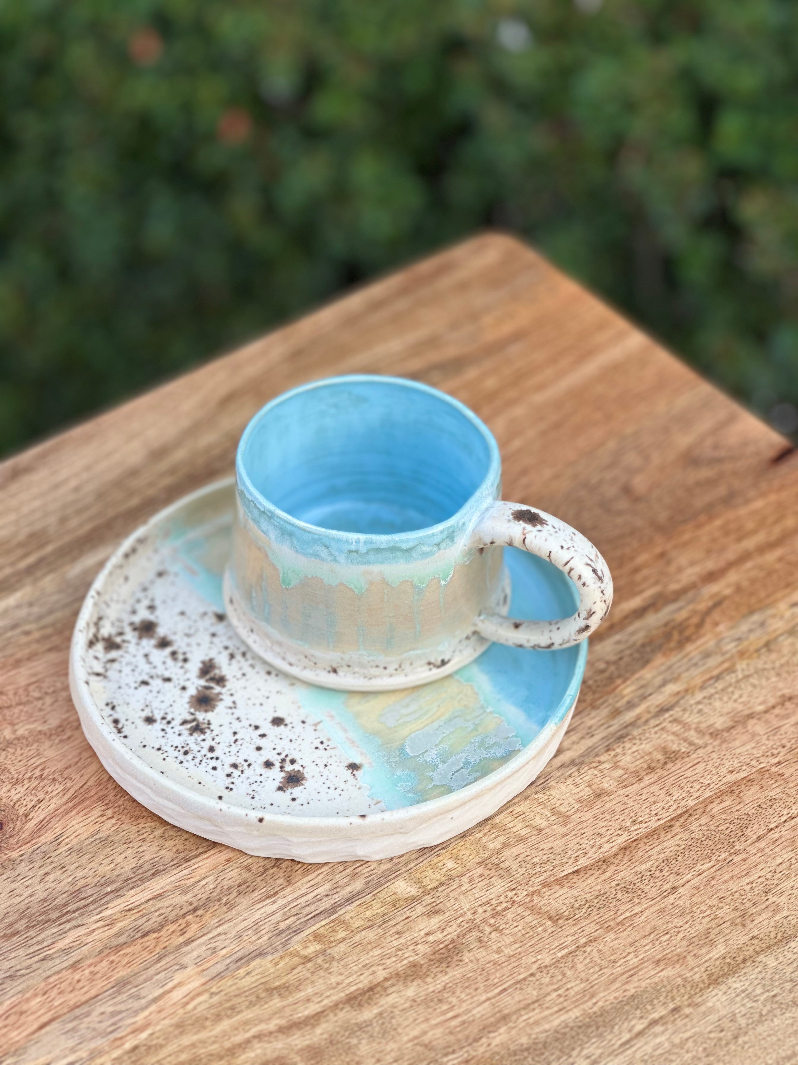 Ceramic Mug and Plate Set - Coastal Blue - Handmade Australian Pottery