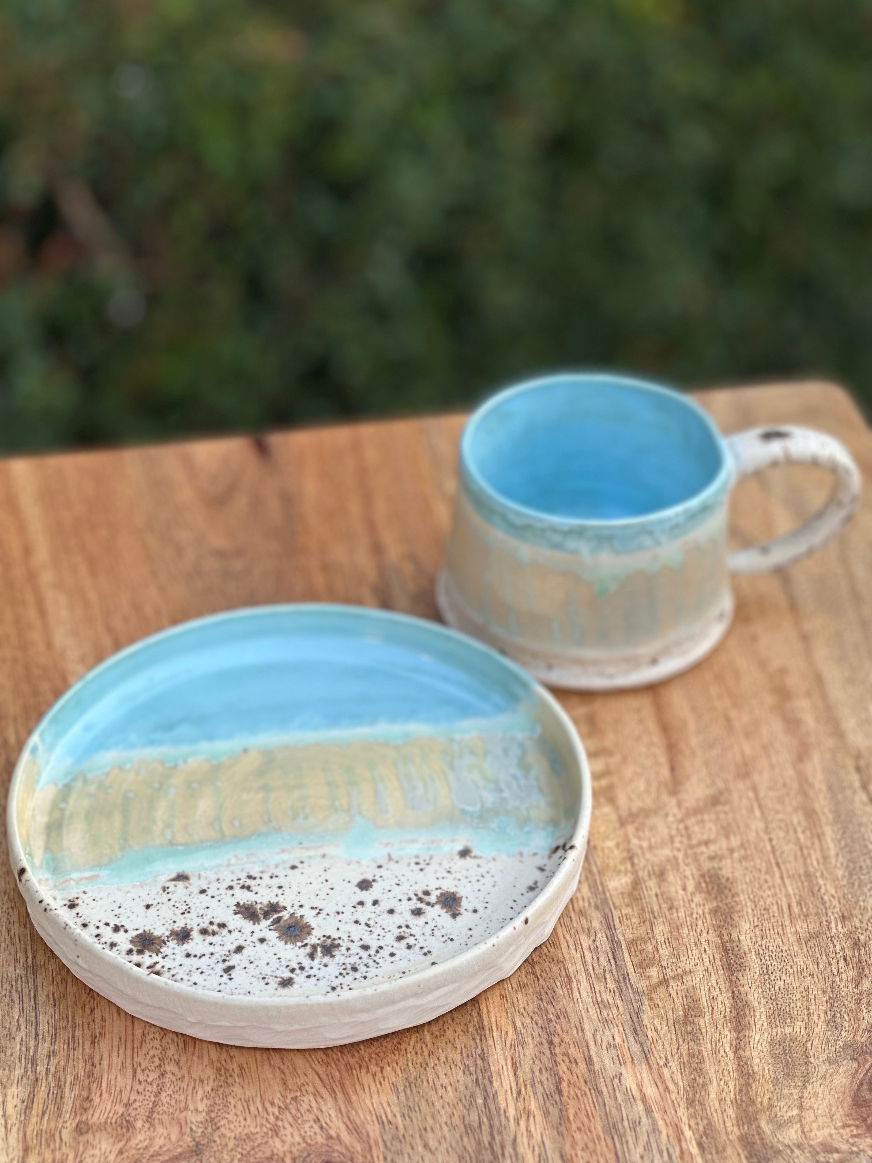 Ceramic Mug and Plate Set - Coastal Blue - Handmade Australian Pottery
