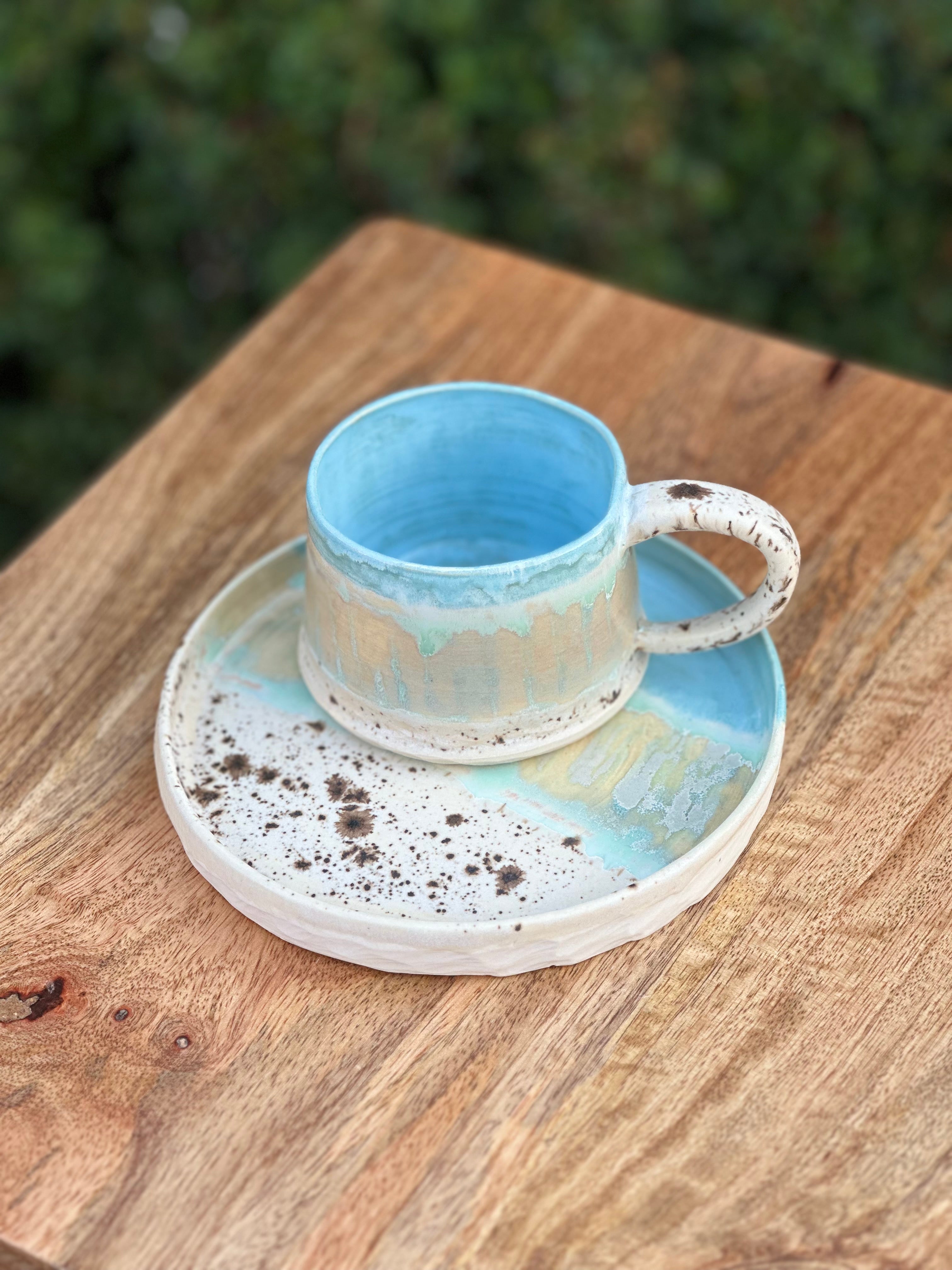 Ceramic Mug and Plate Set - Coastal Blue - Handmade Australian Pottery