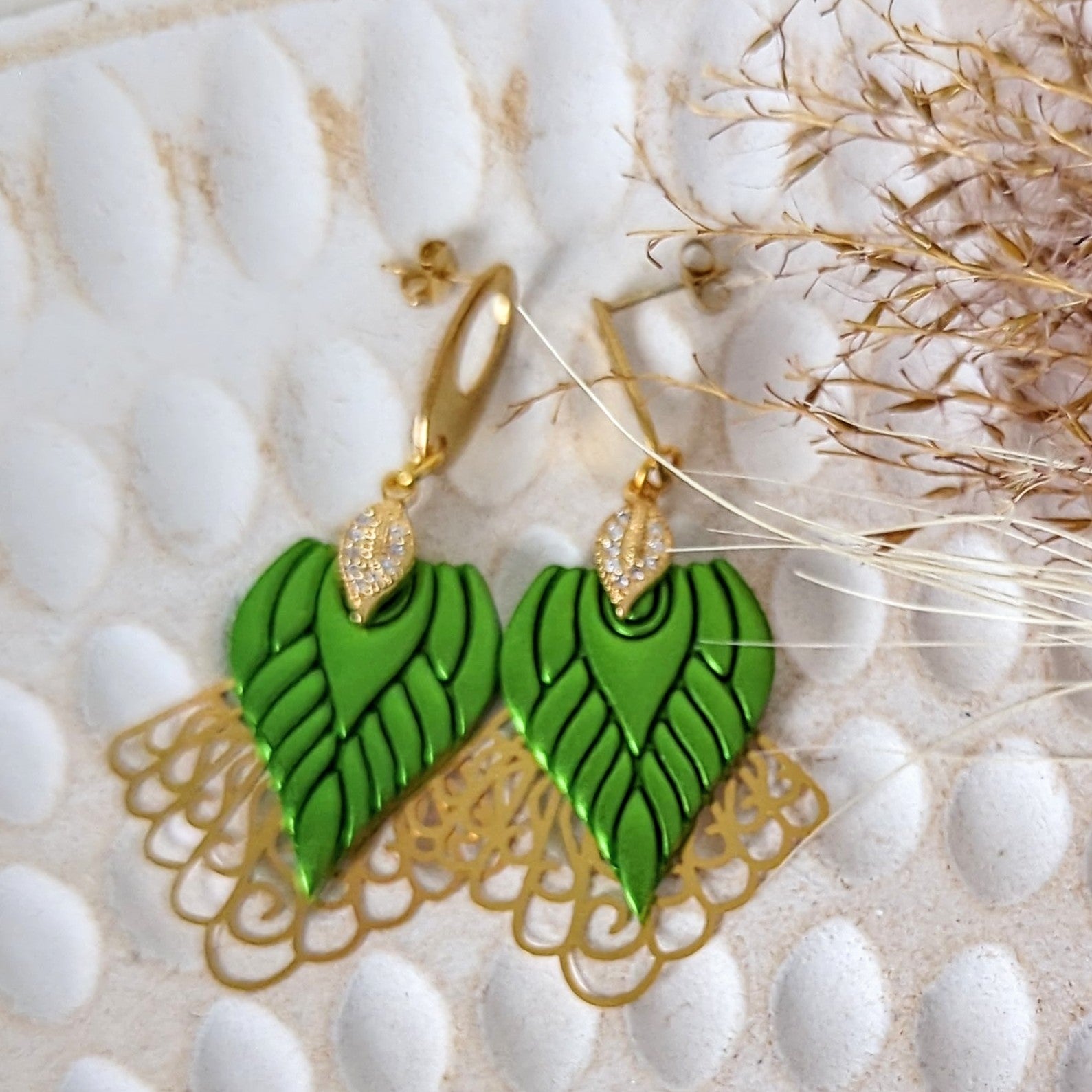 Green and Gold Drop Earrings.