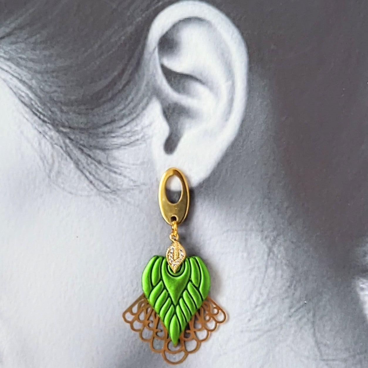 Green and Gold Drop Earrings.