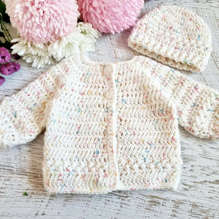 Baby Cardigan | Newborn | Cream Speckle | Handmade | Crocheted Jacket & Beanie