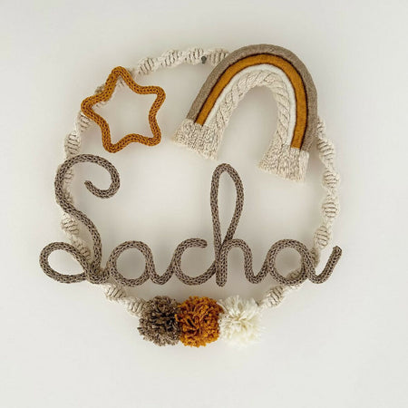 Macrame decoration with customise name in knitting with macrame raimbow and star