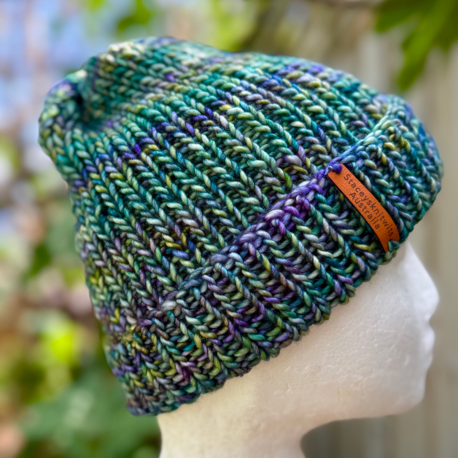 Unisex merino beanie, Blue Green flecked hand knitted beanie