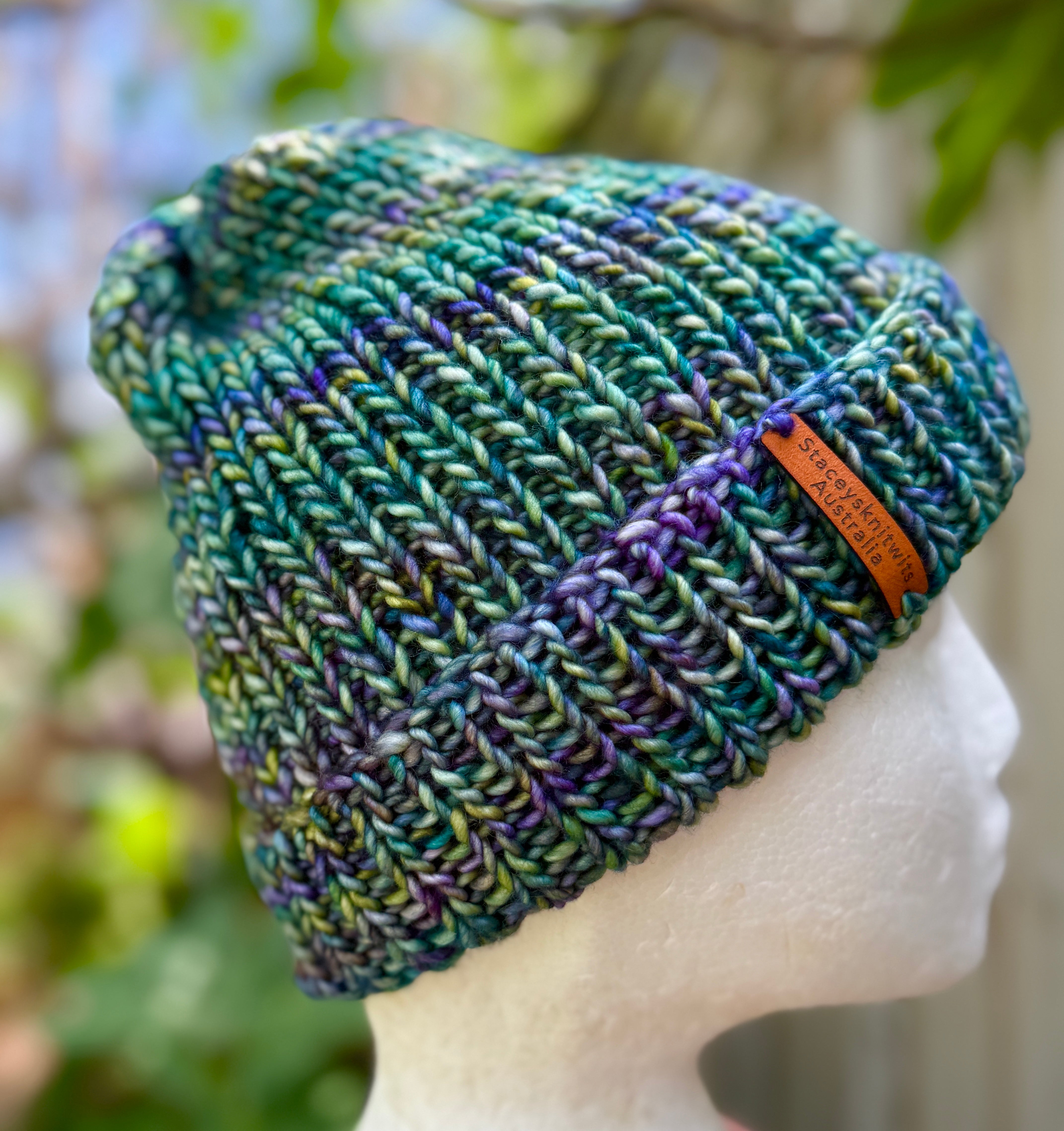 Unisex merino beanie, Blue Green flecked hand knitted beanie