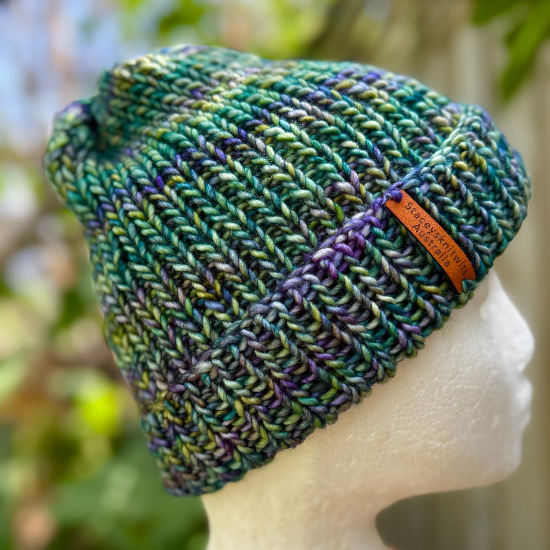 Unisex merino beanie, Blue Green flecked hand knitted beanie