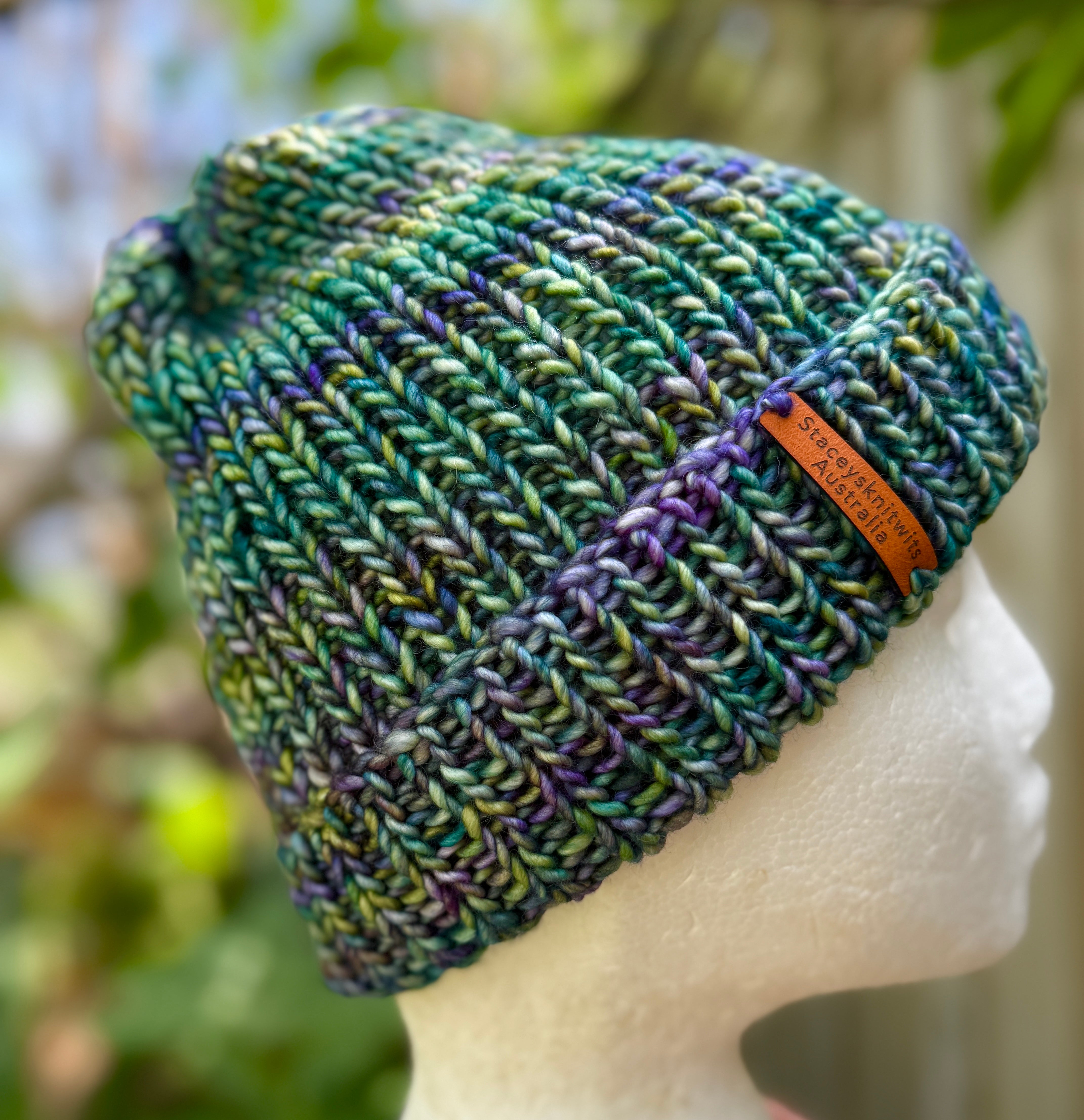 Unisex merino beanie, Blue Green flecked hand knitted beanie