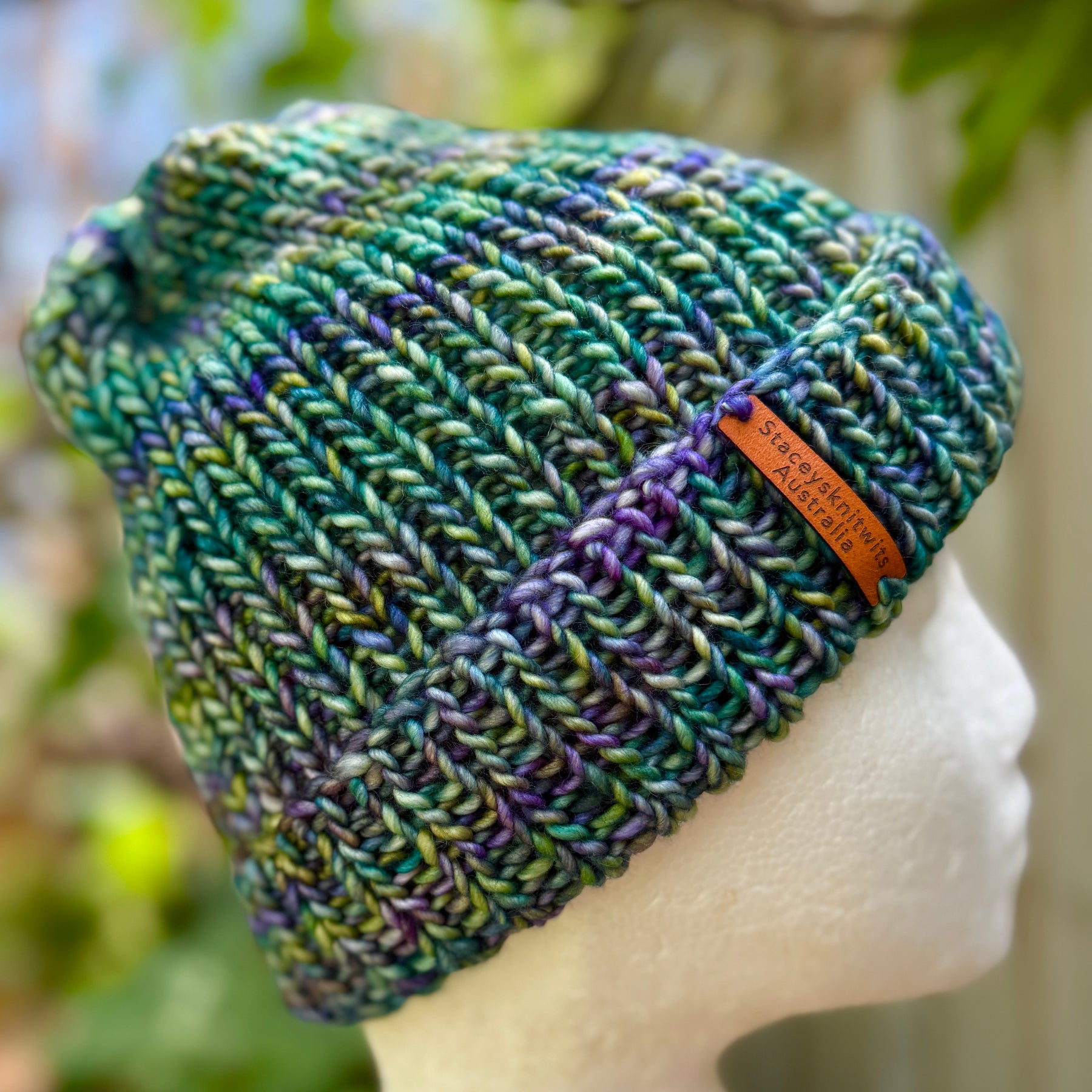 Unisex merino beanie, Blue Green flecked hand knitted beanie