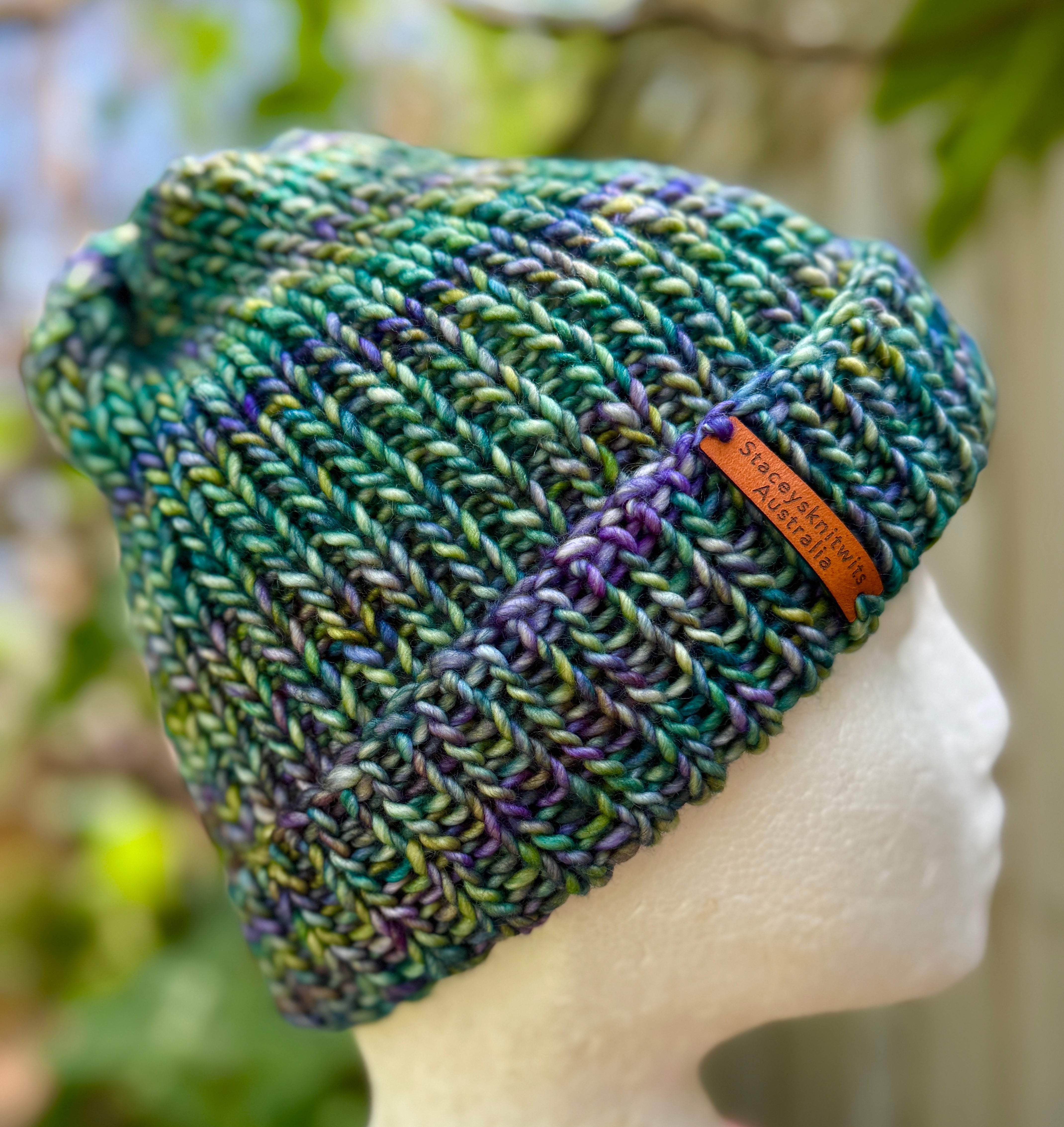 Unisex merino beanie, Blue Green flecked hand knitted beanie