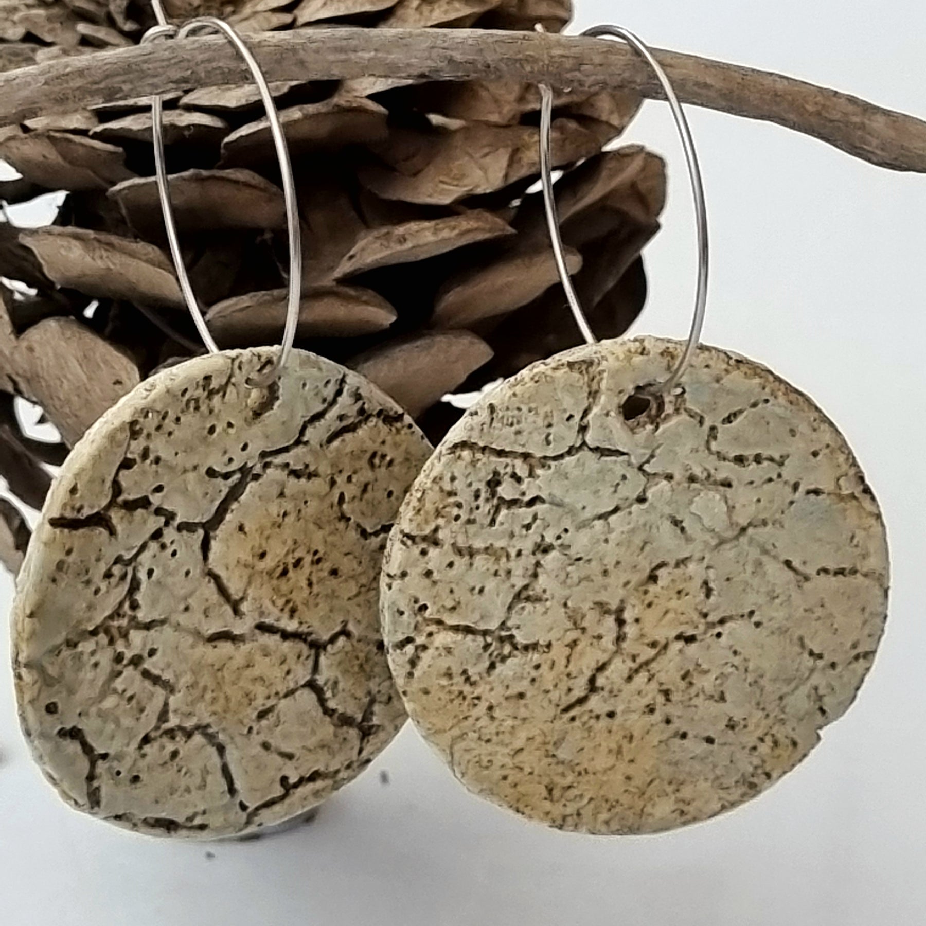 Handmade Stoneware Ceramic Earrings, clay tones multi-coloured, 35mm diameter, pierced ears